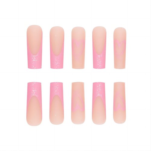 RUOKEXIN Valentines Press on Nails Long Coffin Fake Fingernails with Nails Glue Pink Heart Acrylic False Nails with Glitter Designs French Glossy Artificial Nail Press ons Stick on Nails for Women