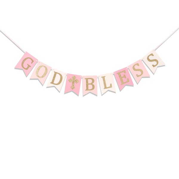 God Bless Banner - Boy/girl Baptism Pink Banner, God Bless Banner Baptism, First Communion Girl Shower Banner Party Toppers, Girl Baptism Gift