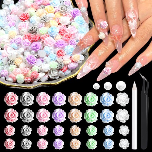 600Pcs Rose Flowers Nail Charms and Flatback Pearls,Mixed Size 3D Flower Cute Nail Charms for Acrylic Nail Supplies Design,White Half Pearls for Nail Jewelry DIY Crafts Nail Art Decoration Accessories