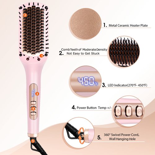 Nicebay Hair Straightener Brush, Negative Ion Hair Straightening Brush for Women, Anti-Scald & Auto-Off Feature, Fast Heating & 6 Temp Settings, Pink & Orange (Renewed)