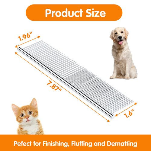 Pettom Pet Steel Grooming Tool Poodle Finishing Butter Comb 7 1/2-inch L Silver Dog Combs with Rounded Ends Stainless Steel Teeth, Cat Comb for Removing Tangles and Knots