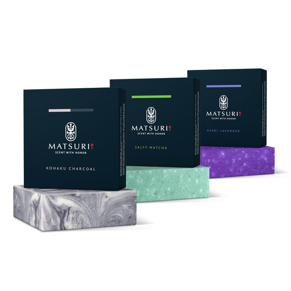 MATSURI祭り Matsuri Soap Bar | 5 oz | 3 Pack | Cold Process & Natural Ingredients | Moisturizing & Exfoliating | No Harmful Additives | (Kohaku Charcoal/Salty Matcha/Asahi Lavender)