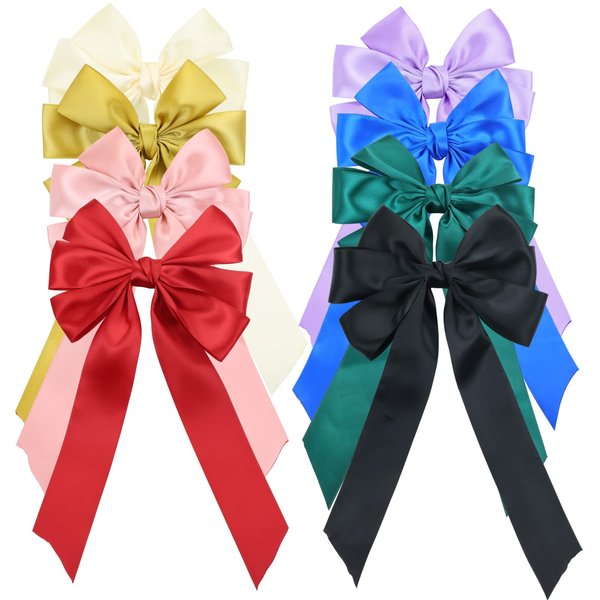 Cinaci 8 Pack Big Hair Bow French Barrettes with Long Ribbon Bow Hair Clips Ponytail Holders Accessories for Women Girls Teens Kids