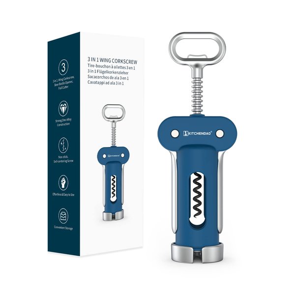KITCHENDAO 3 in 1 Wing Corkscrew Wine Bottle Opener with Foil Cutter, Built-in Beer Bottle Opener, Multifunctional Wine Opener with Non-Stick Sharp Screw,Easy to Use, Sturdy Durable Manual Corkscrew