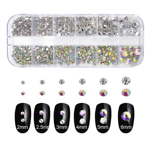 Medsuo 1500pcs Rhinestones in 6 Sizes Flat Back Shiny Crystal AB Nail Art Gems with Tweezer and Rhinestone Picker Dotting Pen Nail Art Tools for Nails, Face Eye Makeup, Craft (Clear and Rainbow)