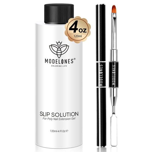 Modelones Poly Nail Extension Gel Kit Slip Solution for Nails with Dual-Ended Nail Brush Anti-Stick Liquid Brushes Cleaning Easy Spread for Beginner