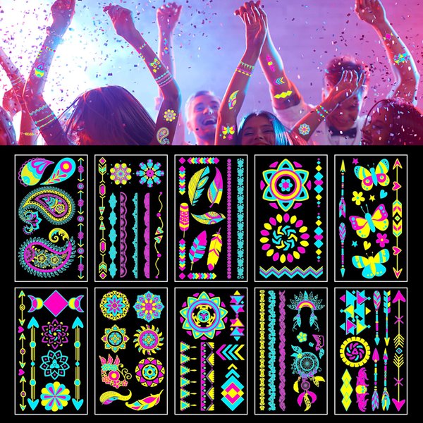 Glow In The Dark Tattoo for kids，Party Supplies Uv Neon Tattoo Stickers Rave Festival Accessories Face Body Paint Makeup Waterproof Blacklight Temporary Tattoos For Adults Woman Man
