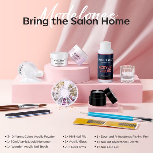 modelones Acrylic Nail Kit - Clear/White/Pink Acrylic Powder and Liquid Set with Rhinestone Glue, Acrylic Nail Brush, Unified Combo Starter Kit for Acrylic Nail Extension Beginner