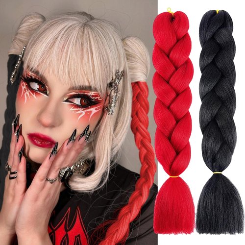 Red Black Braiding Hair Extensions Jumbo Ombre Braiding Hair for Women Pre stretched High Temperature Synthetic Fiber Hair 24 Inch Twist Crochet Braids for Halloween Cosplay Party Makeup Carnival