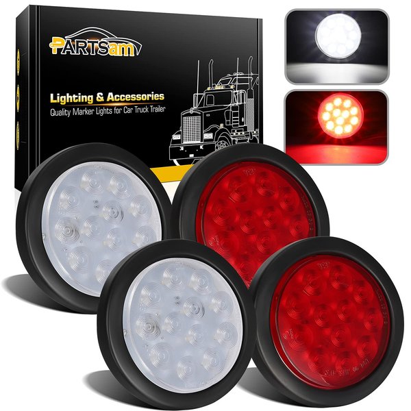 Partsam 4Pcs 4" Inch Round Led Stop Turn Tail Back-up Reverse Fog Lights 12 LED Include Lights Grommet 3-Prong Wire Pigtails Round LED Trailer Tail Light Kit for Truck Trailer RV(2 Red + 2 White)