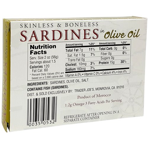 Skinless & Boneless Sardines in Olive Oil, (3 Pack), 3.75 oz Tin - Trader Joe's