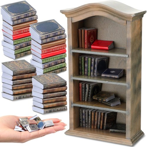 Poen 27 Pcs 1: 12 Scale Miniatures Dollhouse Books and a Wooden Bookcase Dollhouse Decoration Accessories 1: 12 Dollhouse Miniature Furniture 4 Floors Dollhouse Bookshelf (Vintage Color)