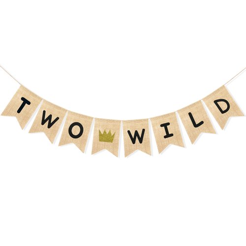 Uniwish Two Wild Banner Baby Boy Girl 2nd Birthday Party Decorations Garland Jungle Safari Theme Party Supplies Rustic Two Years Old Birthday Sign with Glitter Crown