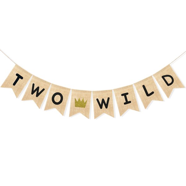Uniwish Two Wild Banner Baby Boy Girl 2nd Birthday Party Decorations Garland Jungle Safari Theme Party Supplies Rustic Two Years Old Birthday Sign with Glitter Crown