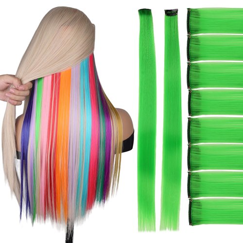 Colored Hair Extensions, Neon Green Clip In Hair Extensions, Color Hair Extensions, Colorful Hair Pieces for women, 10 Pcs 22 Inches