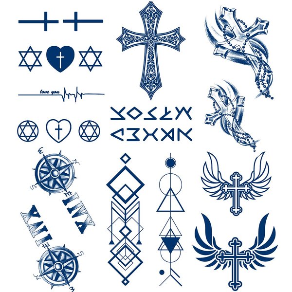 6 Sheets PADOUN Long Lasting Waterproof Temporary Tattoos Cross, 100% Plant-Based Ink Temporary Tattoo Sticker Map Compass Tatoo Arm Fake Waist Back Tatto Women Men
