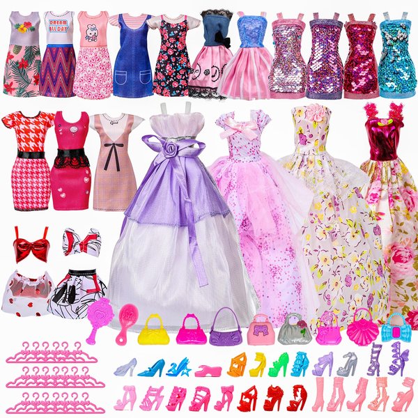 DDUNG 75pcs Doll Clothes and Accessories, 4 Wedding Gowns 10 Fashion Dresses 4 Slip Dresses 2 Bikini Swimsuits 25 Shoes 20 Hangers 8 Handbags 2 Combs for 11.5 Inch Doll
