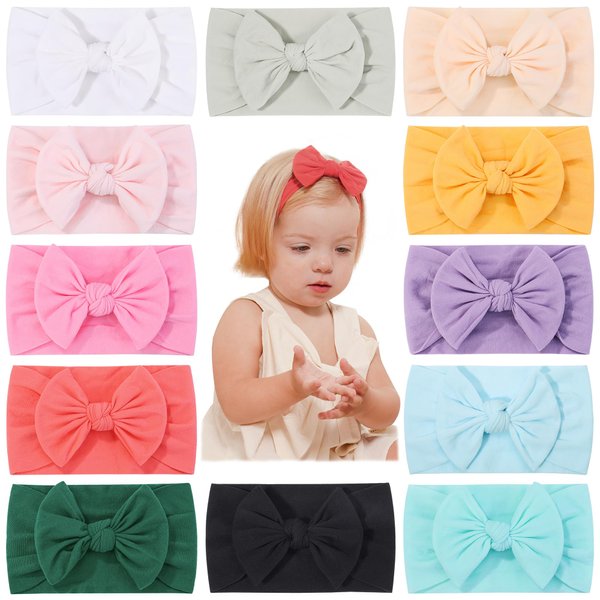jollybows 12pcs Baby Nylon Headbands With Bow Elastic Hairband For Girls Newborn Infant Toddlers Kids Hair Accessories- Soft Light Color Set