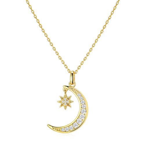 ASGEMSFJ White Gold Moon Necklace for Women 14K Moon and Star Pendant Dainty Trendy Gold Chain Necklace Jewelry Gift for Girls (yellow gold)