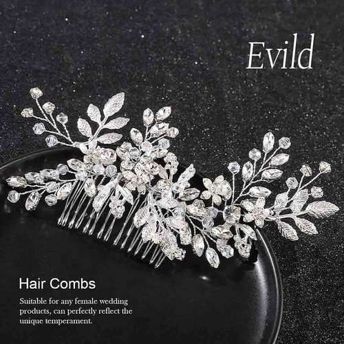 Evild Rhinestone Wedding Hair Comb Leaf Bead Headpieces Clip Crystal Bridal Headdress Flower Accessories for Brides and Bridesmaids (Silver)