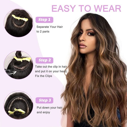 Balayage Clip in Hair Extensions Invisible One Hairpiece 18 Inch Ombre Chocolate Brown to Caramel Blonde 80G V Shape Clip in Hair Extensions 3/4 Full Head Silky Straight Highlight Clip On Hair #4/27