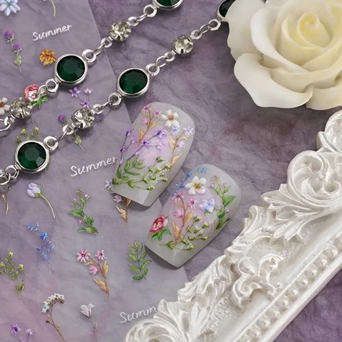 Flower Nail Art Stickers Spring Nail Decals Small Floral Nail Stickers 5D Self-Adhesive Nail Supplies Field Daisy Flowers Grass Nail Design Cute Embossed Nail Accessories for Women DIY Manicure 1pc