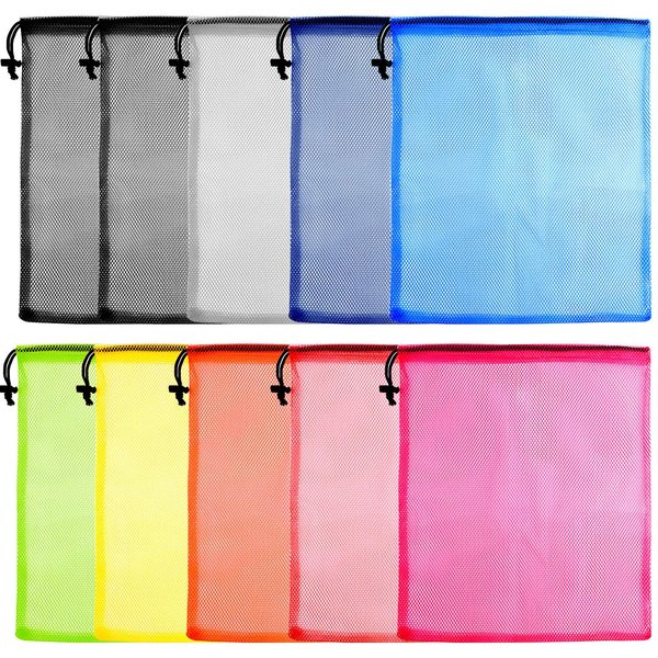 KUUQA 10 Pcs Mesh Drawstring Bag, Laundry Bag, Mesh Stuff Sack, Golf Ball Bag, Nylon Mesh Bag for Storage, Travel and Sports (Colorful, 13"x15.5")