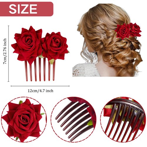 ASTRYAS 4 Pieces Rose Flower Hair Clip Red Rose Bridal Hair Pins Rose Brooch Mexican Flower Hair Accessories for Woman Party Wedding Flamenco Dancer