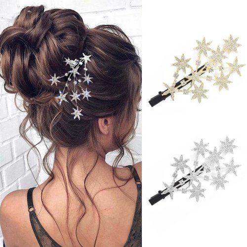 Bartosi Rhinestone Star Hair Clips Crystal Star Hair Clip Bride Wedding Hair Barrettes Sparkly Silver Hair Pins Bridal Decorative Hair Accessories for Women and Girls (Pack of 2)