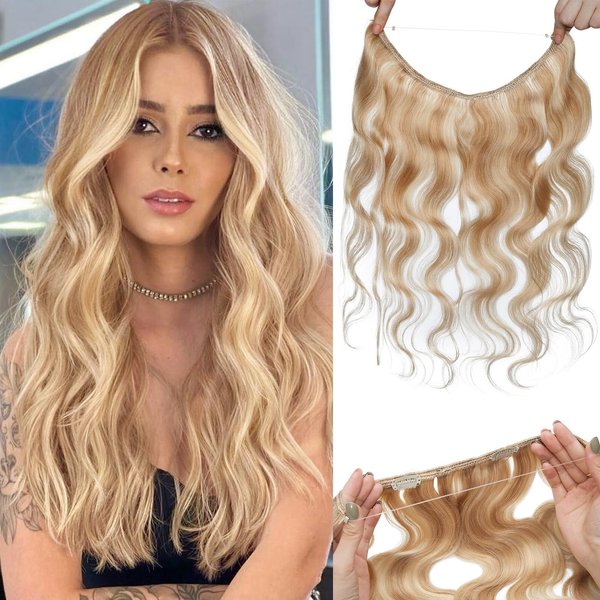 Benehair Ombre Halos Hair Extensions Human Hair Wavy for Women Full Head Hairpieces No Tape No Glue Seamless Fish Line Headband 16inch 115Gram for Adding Volume Ash Blonde&Bleach Blonde #18P613