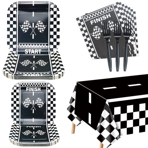 81Pcs Racing Car Party Decorations - Black and White Checkered Racing Car Tableware Set, Race Car Plates Napkins Forks Tablecloth for Kids' Race Car Themed Birthday Party, Serves 20