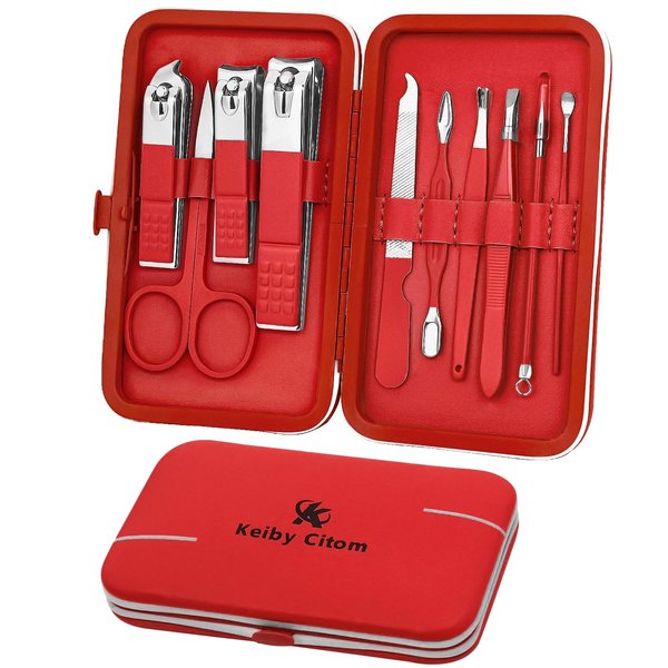 Manicure Set, Travel Mini Nail Clippers Kit Pedicure Care Tools, 10pcs Stainless Steel Grooming kit (Red)