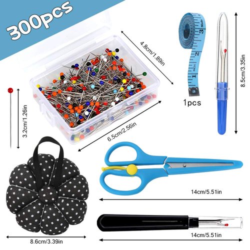 300 Pieces Multicolor Sewing Pins - 32mm Straight Quilting Pins Including Sewing Seam Ripper Scissors Pin Cushion and Soft Tape Measure for Dressmaking Jewelry Decoration