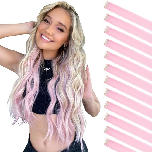 Felendy Colored Hair Extensions, 12 Pcs Light Pink Clip in Hair Extensions Highlight Colorful Straight Hairpieces Daily Party Costumes Synthetic Piece for Women Kids Girls Halloween