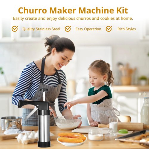 Churro Maker Machine Kit, Stainless Steel Churro Maker Kit with 1 Piping Bag and 8 Piping Nozzles, 1 Brush, and 16 Discs, Churro Filler Kit with Recipe Book, Easy to Clean