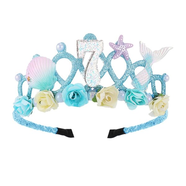 7th Birthday Crown for Girls, 7th Birthday Headband for Girls, 7th Birthday Tiara for Girls 7th Birthday Decoration for Girls 7th Crown with Mermaid Starfish for Girls 7 Year Old Disposable Blue