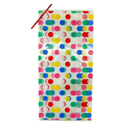 Kipp Brothers Pack of 24 Plastic Printed Goody Bags with Twist Ties, Food Safe - Polka Dot