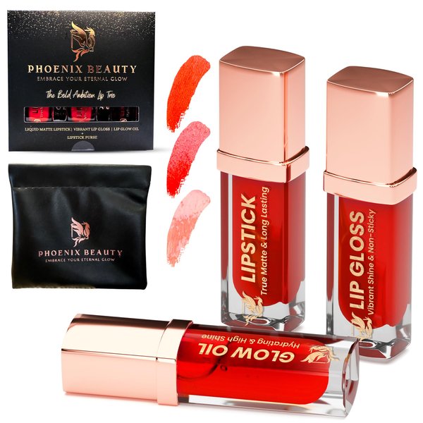 Phoenix Beauty Lip Trio Set: Smudge-Proof Matte Lipstick, Shiny Lip Gloss & Hydrating Lip Oil; 5 Vibrant Shades; Stylish Black Pouch; Jojoba Oil + Vitamin E; Premium Lipstick Set (Scarlet Flame)