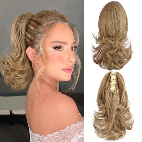FREEMEIGE 12 Inch Pony Tails Hair Extensions, Short Thick Ponytail Extension Clip in Claw Pony Tails Hair Extensions for Women Natural Curly Fake Ponytail Hair Piece for Daily Use(Honey Blonde & Light