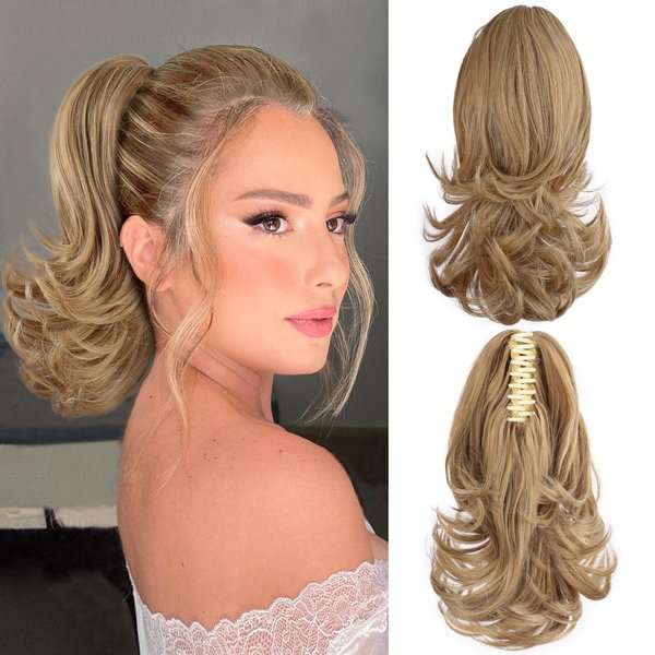 FREEMEIGE 12 Inch Pony Tails Hair Extensions, Short Thick Ponytail Extension Clip in Claw Pony Tails Hair Extensions for Women Natural Curly Fake Ponytail Hair Piece for Daily Use(Honey Blonde & Light