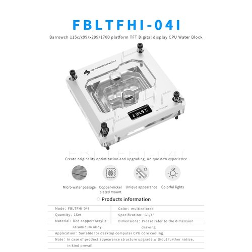 Barrowch FBLTFHI-04I CPU Water Block for Intel i3 i5 i7 i9 LGA 1700 1200 1156 1155 1151 1150 Copper Waterblock with Temperature TFT Digital Display & LRC 2.0 5v 3Pin aRGB LED + Adapter (White)