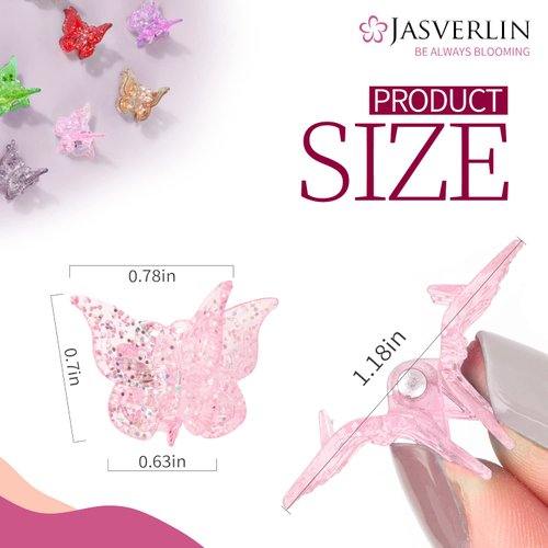 JASVERLIN Glitter Mini Butterfly Hair Claw Clips, Sparkly Colorful Hair Accessories for Girls and Women - 90s Y2K Cute, Small, Tiny Clip in 10 Assorted Colors, Set of 50 (Glitter Color)