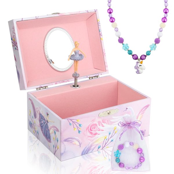 Taduoduo Girls' Musical Jewelry Box Organizer with Jewelry Set - Light Purple Spinning Ballerina Theme, Swan Lake Tune - Jewelry Storage and Music Box for Girls