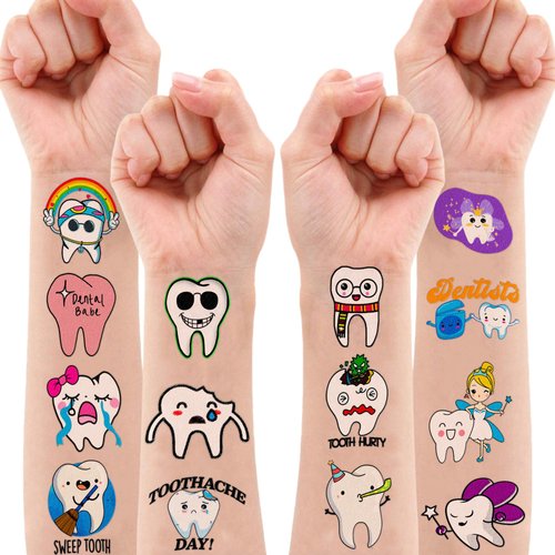 96 PCS Cute First Milk Tooth Dental Dentist Temporary Tattoos Birthday Themed Party Supplies Decorations Favors Fairy Teeth Tattoo Stickers Gifts for Baby Kids Girls Boys Decor School Reward Christmas