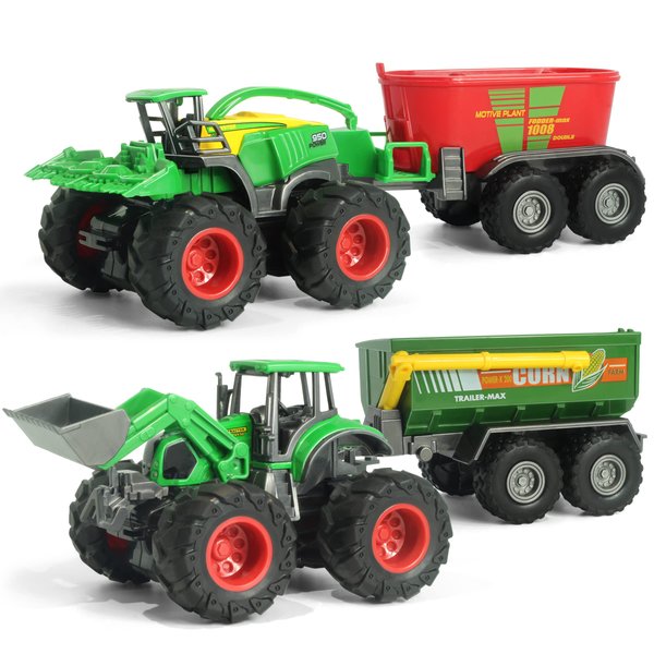 KARMOUNT Monster Farm Tractor, Friction Powered Monster Trucks, Die-cast Metal Body Front Loader with Trailer &Fodder Mixer, Ideal Farm Toys for 3 Year Old Boys(4pc Set1)