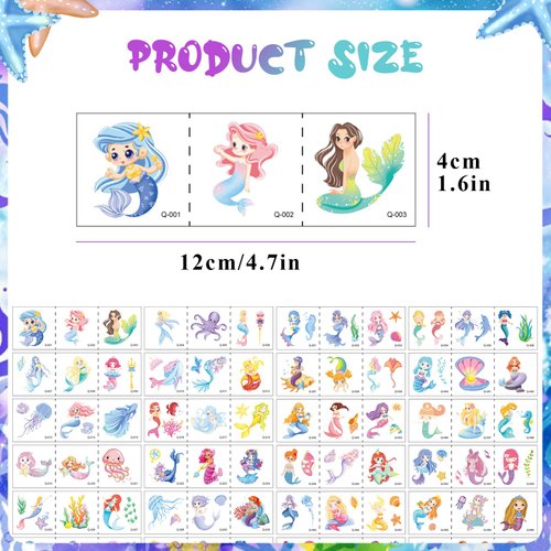 34 Sheets Mermaid Temporary Tattoos for Kids,102Pcs Mermaid Tattoo Stickers,Sea Animal Fake Tattoos Waterproof Tattoo Sticker Decor for Boys and Girls Party Favors Supplies