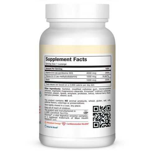 Maxi Health Triple B Lozenges - Vitamin B12 & B6 & Biotin - Strawberry Flavor - 180 Chewies - Kosher