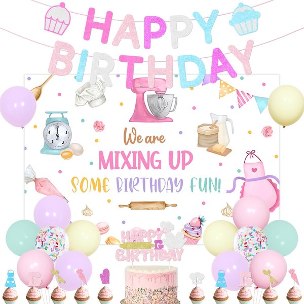 Baking Theme We Are Mixing up Some Birthday Fun Party Decoreations Happy Birthday Banner Cake Topper Baking Theme Cupcake Toppers Latex Balloons for Girls 1st 2nd 3rd Birthday Party Decor Supplies