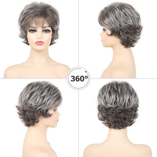 SEVENCOLORS Short Gray Wigs for Women Mixed Grey Pixie Cut Wigs with Bangs Natural Looking Synthetic Hair Short Curly Wigs for Older Lady