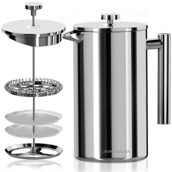 Utopia Kitchen Stainless Steel French Press Coffee Maker 32 Oz, French Press Tea Maker, Camping French Press Coffee Maker, Cold Brew Portable Travel Coffee Presses, Tea Press Gifts Silver